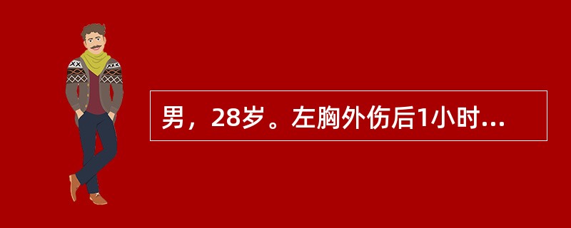 男，28岁。左胸外伤后1小时，胸痛、呼吸困难。查体：BP120/80mmHg，心