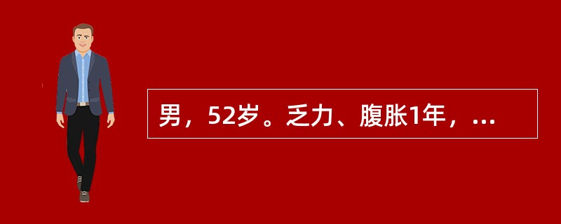 男，52岁。乏力、腹胀1年，加重伴腹痛2天。慢性乙型肝炎病史12年。查体：T38