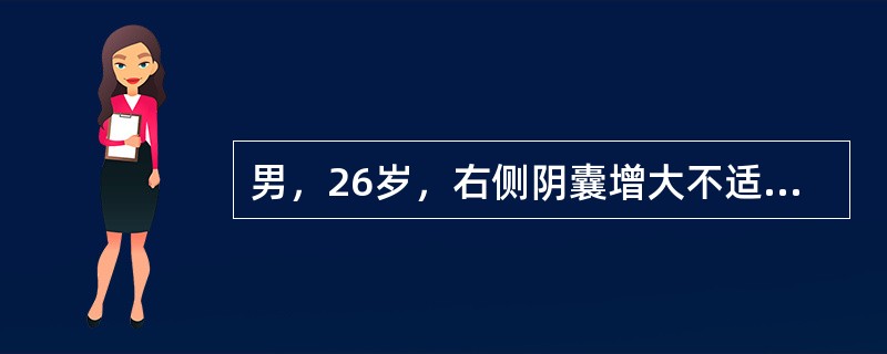 男，26岁，右侧阴囊增大不适半年。检查肿块约2.0cm×2.5cm大小，有囊性感，无压痛，平卧位不消失，透光试验阳性。双侧睾丸附睾可清楚触及，大小位置正常。应诊断为（）