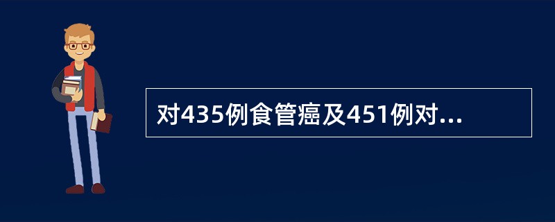 对435例食管癌及451例对照作病例对照研究，107名病例和193名对照不饮酒，309名病例和208名对照均为吸烟者，吸烟者中260名病例及156例对照为饮酒者，不吸烟者中68.名病例和102例对照为