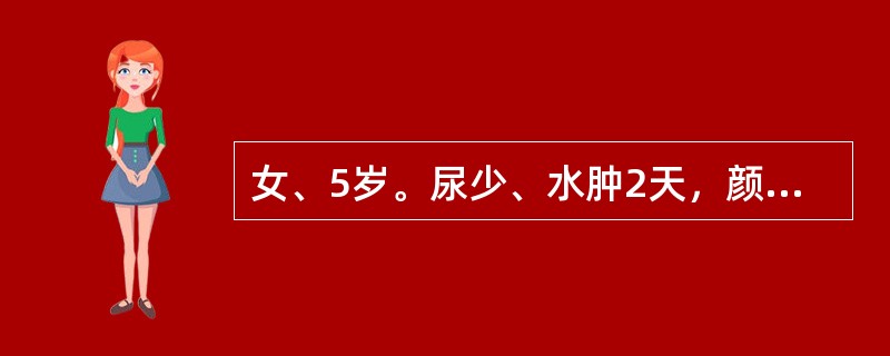 女、5岁。尿少、水肿2天，颜面与下肢非凹陷性水肿，血压130/90mmHg，尿常规：蛋白（+），红细胞20个/HP，白细胞2个/HP。其在入院第2天突然出现呼吸困难，肺底湿啰音，心率150次/分，尿最