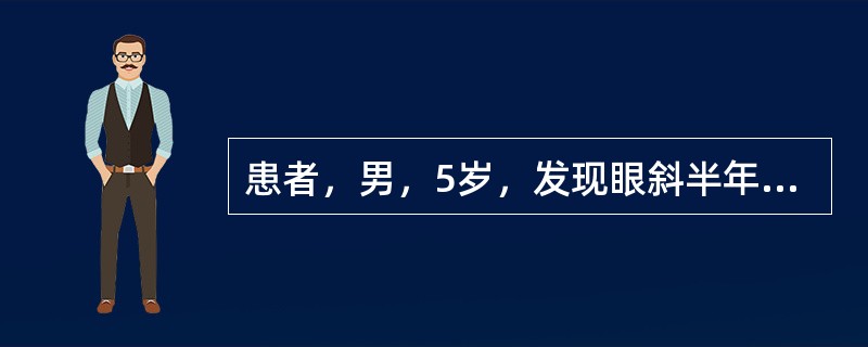 患者，男，5岁，发现眼斜半年，检查：视力右0．4左0．8，双眼前节及眼底未见异常，角膜映光OD+30°，眼球运动无受限，阿托品膏散瞳验光右+3．75DS／1．75DC×90=0．6左+2．25DS／0