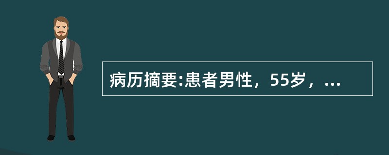 病历摘要:患者男性，55岁，有20年吸烟史，每天10支。持续性进行性声嘶1月，伴咳嗽、咽异物感，间接喉镜检查会厌大，遮盖声门纤维喉镜下检查：左侧声带、前联合菜花状肿物，左侧声带活动受限，右侧声带正常，