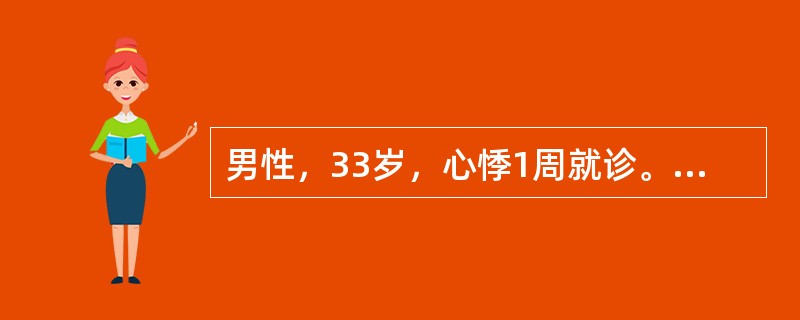 男性，33岁，心悸1周就诊。动态心电图检查如下图A、B、C所示。<br /><p><img src="https://img.zhaotiba.com/fuji