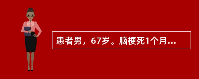 患者男，67岁。脑梗死1个月，右侧偏瘫，为进一步治疗入住康复科，患者既往高血压病史3年，冠心病1年，糖尿病2年。查体不能言语，交流障碍，失语症检查结果为感觉性失语，喝水呛咳，右侧肢体有能动功能障碍，肌