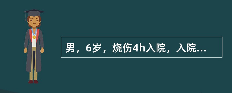 男，6岁，烧伤4h入院，入院主诉面颈和胸腹部剧烈疼痛，呼吸困难，口渴。查体：脉搏：130/分，呼吸：28/分，血压：10.7/8kPa，面色苍白，四肢湿冷，烦躁不安，声音嘶哑，肺部听诊可闻及喘鸣，尿常