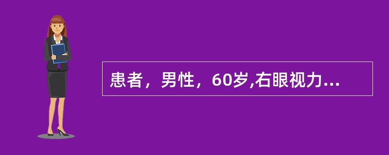 患者，男性，60岁,右眼视力下降半年多。VodHM/30cm，Tod35mmHg，右眼无充血，角膜透明，前房轴深4C．T．，房水（-），瞳孔缘见米屑样物，晶状体轻度混浊，C/D0.9。Vos1．0．T