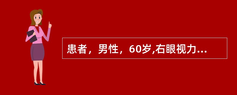 患者，男性，60岁,右眼视力下降半年多。VodHM/30cm，Tod35mmHg，右眼无充血，角膜透明，前房轴深4C．T．，房水（-），瞳孔缘见米屑样物，晶状体轻度混浊，C/D0.9。Vos1．0．T