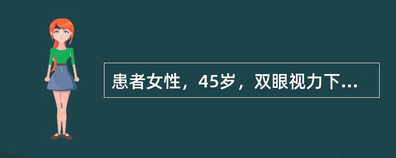 患者女性，45岁，双眼视力下降伴头痛2周，不伴眼红眼痛，无全身病史及外伤史。双眼矫正视力0.4，双眼压11mmHg，眼前段未见异常，眼底检查，双眼玻璃体细胞+，视乳头轻度水肿，边界不清，视盘充血，视网