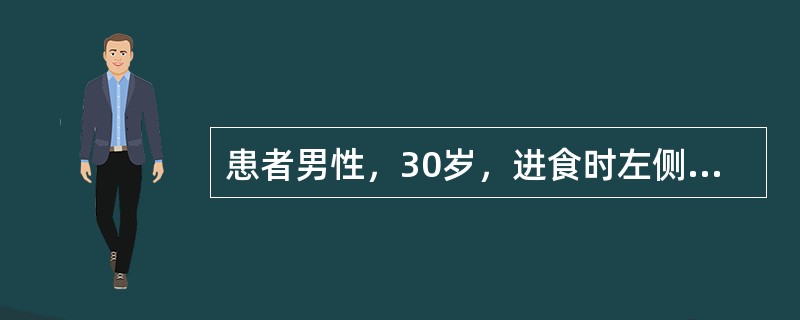 患者男性，30岁，进食时左侧颌下区肿胀疼痛．进食后数小时逐渐消退。颌下腺导管开口处红肿，轻压腺体导管口溢脓进行触诊检查时，应该