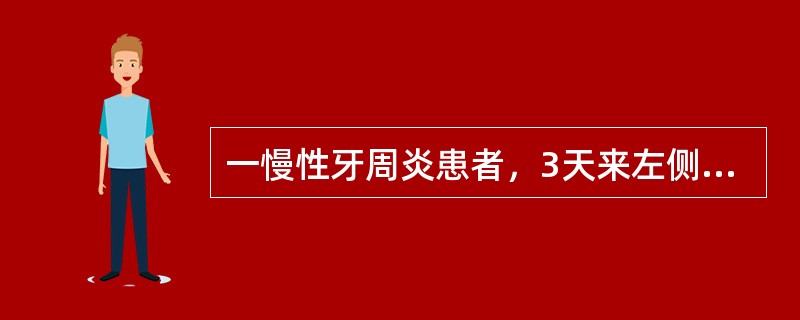 一慢性牙周炎患者，3天来左侧后牙剧烈阵发痛，夜痛不能眠，手持冷水瓶来就急诊：检查发现左侧后牙无龋坏牙，左上6Ⅰ度松动，叩痛(+)，患者不能指明患牙位置，颊侧近中牙周袋7mm，X线片见左上6近中齿槽骨已