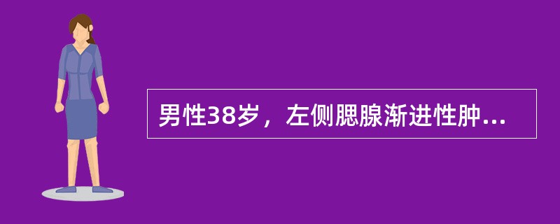 男性38岁，左侧腮腺渐进性肿大一年，无压痛，CT扫描如图所示，请选择正确的描述和结论()<img border="0" style="width: 308px; h