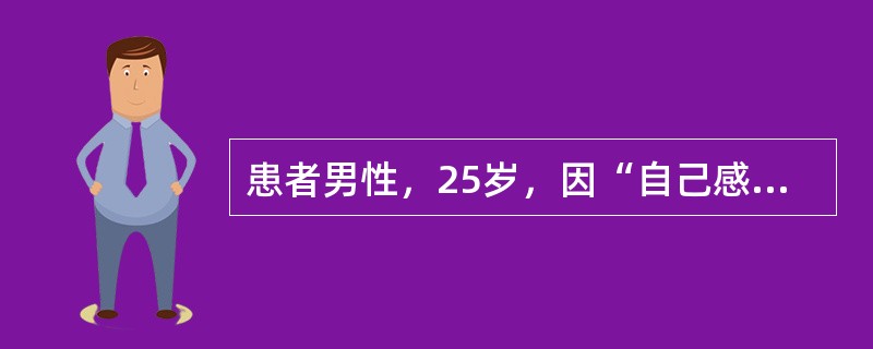 患者男性，25岁，因“自己感觉被人跟踪、监视”来诊。患者近6个月来觉得有人跟踪自己，有人在屋里放了窃听器，而不敢大声讲话，常听见有人在议论如何对付他。因而表现闷闷不乐，闭门不出，写信到公安局请求保护。