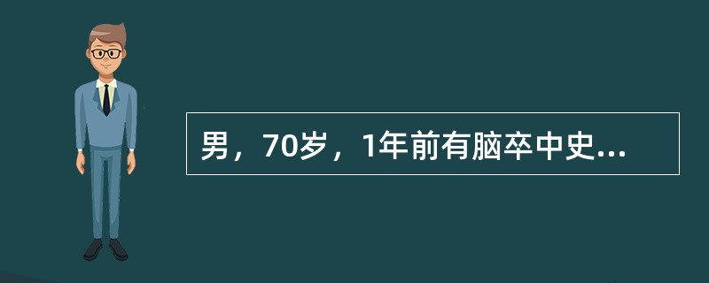 男，70岁，1年前有脑卒中史，体检发现患者双侧额纹对称，右侧鼻唇沟变浅，伸舌舌尖偏向右侧，右上肢肢体在床面上能水平移动，但不能抬离床面，右下肢肢体能抬离床面，但不能抗阻力。右下肢肢体能抬离床面，但不能