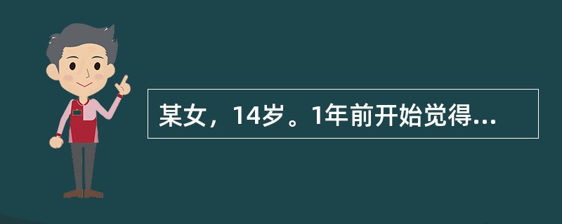 某女，14岁。1年前开始觉得自己太胖，需要减肥，饮食减少，刻意不进食肉类、蛋类食物，后来发展为不吃主食，仅吃些牛奶、青菜，体重明显下降，月经也停止。多次在综合医院求治，未发现明显器质性异常，内科医生建
