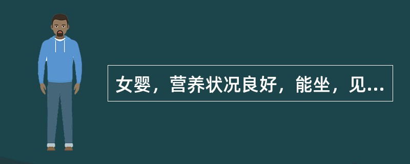 女婴，营养状况良好，能坐，见生人即哭，前囱2×2cm，有2颗乳牙。该女婴的月龄为