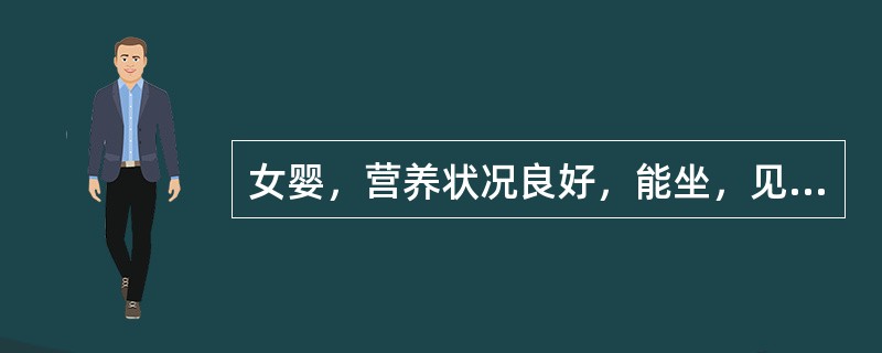 女婴，营养状况良好，能坐，见生人即哭，前囱2×2cm，有2颗乳牙。该婴儿的头围约为