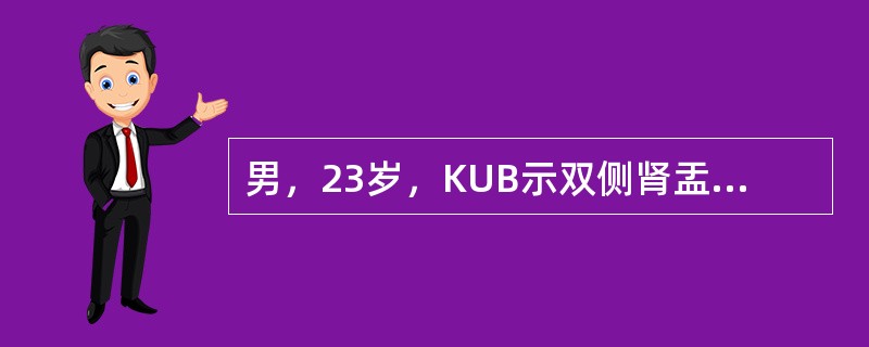 男，23岁，KUB示双侧肾盂各有一枚1cm×5cm大小密影，排泄性尿路造影示双肾中度积水，双侧输尿管通畅，一次体外冲击波碎石将双侧结石粉碎。术后当天即有血尿及碎石排出，第2天突然出现双肾绞痛、发热、无