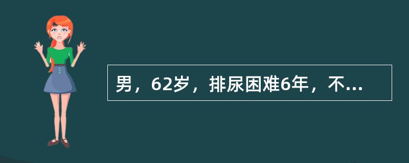 男，62岁，排尿困难6年，不能排尿1天来诊。查下腹部扪及囊性包块，直肠指诊前列腺Ⅱ°大，质地韧，表面光滑，中央沟消失。血PSA2.2ng/ml，BUN14.5mmol/L，Cr267μmol/L。可能