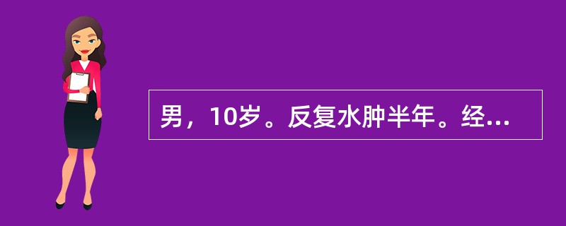 男，10岁。反复水肿半年。经泼尼松足量并间断应用呋塞米治疗，病情一度好转，2周前患儿出现腰痛伴血尿，水肿加重，并出现腹水，近4天不能下地活动。血压150/100mmHg，尿蛋白（+++～++++），红