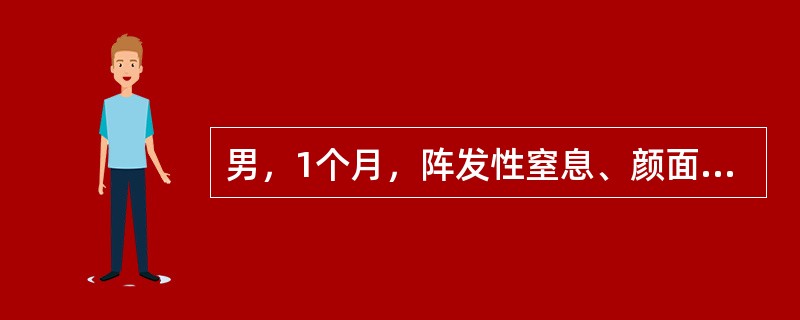 男，1个月，阵发性窒息、颜面发绀3次，有时伴吸气性喘鸣，每次持续数10s至1min，能自行缓解，发作无明显诱因。出生史正常，近日夜间易惊，查体无异常。患儿系人工喂养，未添加维生素D和钙剂，母孕期有频繁