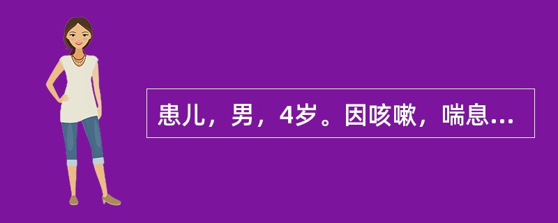 患儿，男，4岁。因咳嗽，喘息2天，加重半天就诊。体检：体温正常，呼气性呼吸困难，口唇微绀，两肺广泛哮鸣音，心率160次/min。既往有喘息发作史5次，有过敏史，其母亦有哮喘史。若急诊胸片提示左侧气胸，