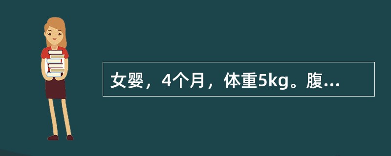 女婴，4个月，体重5kg。腹泻4天，每日近10次，蛋花汤样、无腥臭，进食后呕吐4次。面色稍苍白，精神略差，皮肤较干燥，眼窝、前囟凹陷，皮下脂肪0.3cm，皮肤弹性较差，哭时泪少。四肢末梢较冷，血清钠1