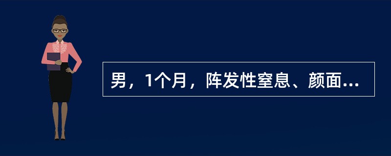 男，1个月，阵发性窒息、颜面发绀3次，有时伴吸气性喘鸣，每次持续数10s至1min，能自行缓解，发作无明显诱因。出生史正常，近日夜间易惊，查体无异常。患儿系人工喂养，未添加维生素D和钙剂，母孕期有频繁