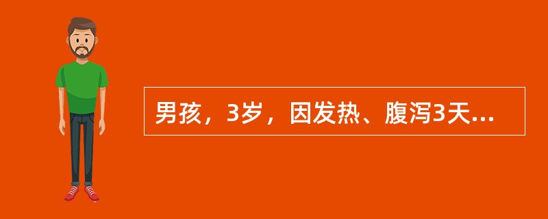 男孩，3岁，因发热、腹泻3天于10月份住院，起病后每天蛋花汤样大便10余次，量中等。T38℃，偶有轻咳，1天来尿少，近10h无尿。体检前囟凹陷，皮肤弹性差，肢端凉。大便镜检偶见白细胞。血白细胞数8.8