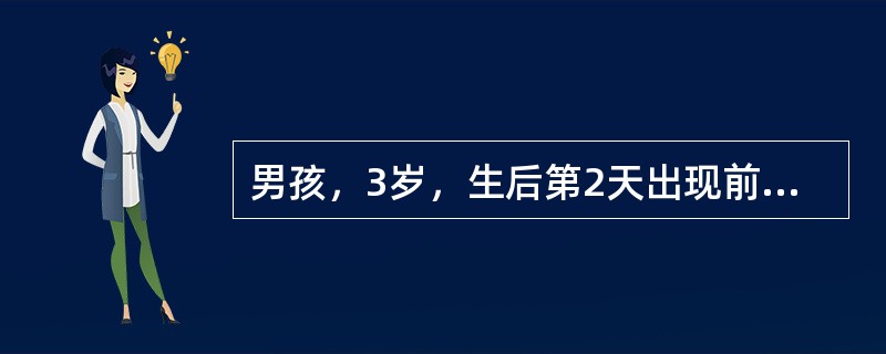 男孩，3岁，生后第2天出现前囟隆起，反复惊厥，不发热，经CT检查证实颅内出血，经抢救好转出院。14个月起出现反复冲头发作伴发呆，有时伴有大发作，每日发作10余次。至今不会独站，不会讲话。脑电图示两半球