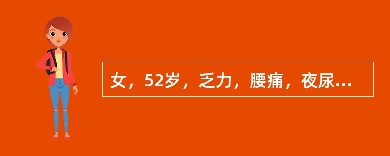 女，52岁，乏力，腰痛，夜尿增多2年，查BP20／12kPa(150/90mmHg)，尿常规：蛋白(+)，红细胞管型3～4个/HP，白细胞5～10个/HP，尿素氮7mmol／L，肾盂静脉造影：两侧肾脏