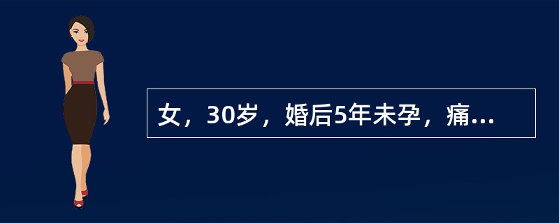 女，30岁，婚后5年未孕，痛经3年。平素月经规律，近3年出现经期腹痛，并呈进行性加重。男方精液检查未见明显异常。妇科检查：外阴、阴道、宫颈未见异常；子宫后倾后屈位，大小正常，后壁颈峡部可及触痛性结节；