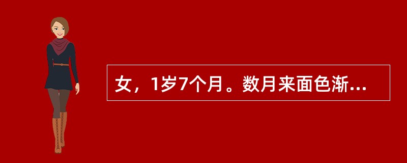 女，1岁7个月。数月来面色渐欠红润，易疲乏，越来越不活泼，食欲减退，曾吃过墙皮等，体重不增。该患儿出牙晚(1岁零10天方萌出)，至今以流食和半固体食物为主，食谱较窄。一般情况尚可，体重10kg，口唇、