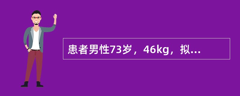 患者男性73岁，46kg，拟行胃癌根治术。有20多年结核病史，吸烟史30余年，咳嗽咳痰史18年。血常规，血生化，ECG正常。体检示BP150／80mmHg，HR90次／分，SPO<img bor