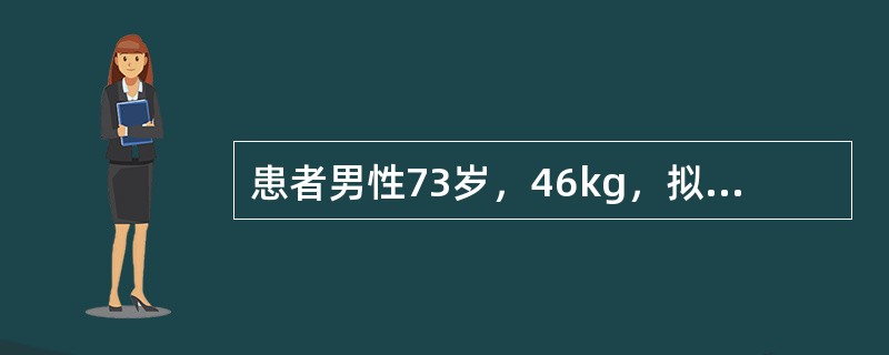 患者男性73岁，46kg，拟行胃癌根治术。有20多年结核病史，吸烟史30余年，咳嗽咳痰史18年。血常规，血生化，ECG正常。体检示BP150／80mmHg，HR90次／分，SPO<img bor