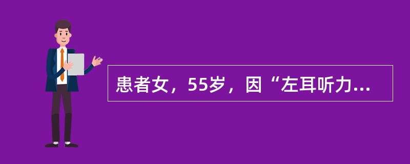 患者女，55岁，因“左耳听力减退2年，间断头晕、头痛3个月”来诊。2年前发现左耳听力减退，逐渐加重，无耳鸣。3个月来头晕，每日发作1～2次，每次持续约5min，无恶心、呕吐、视物旋转；左前额阵发胀痛。