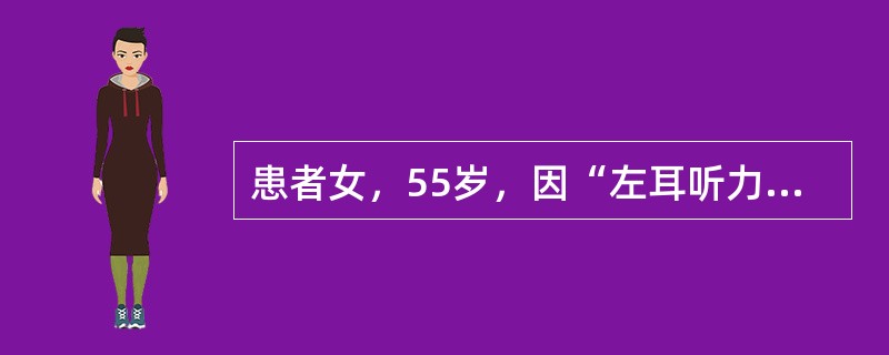 患者女，55岁，因“左耳听力减退2年，间断头晕、头痛3个月”来诊。2年前发现左耳听力减退，逐渐加重，无耳鸣。3个月来头晕，每日发作1～2次，每次持续约5min，无恶心、呕吐、视物旋转；左前额阵发胀痛。