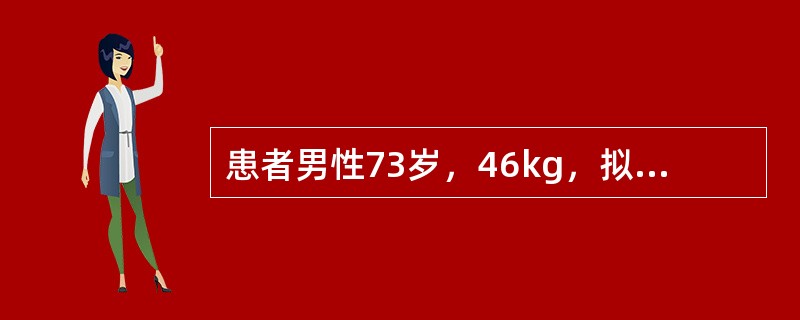 患者男性73岁，46kg，拟行胃癌根治术。有20多年结核病史，吸烟史30余年，咳嗽咳痰史18年。血常规，血生化，ECG正常。体检示BP150／80mmHg，HR90次／分，SPO<img bor