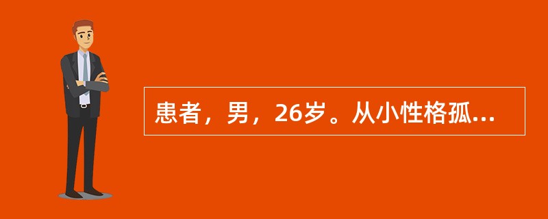 患者，男，26岁。从小性格孤僻内向，沉默寡言，对人态度冷淡，怕见生人，不主动与人打招呼，也不愿意介入别人的事，对家人也缺乏情感，总是偏爱单独行动，回避社交，离群独处，没有亲密朋友，不信任他人。近半年，