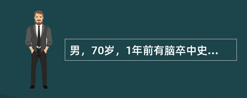 男，70岁，1年前有脑卒中史，体检发现患者双侧额纹对称，右侧鼻唇沟变浅，伸舌舌尖偏向右侧，右上肢肢体在床面上能水平移动，但不能抬离床面，右下肢肢体能抬离床面，但不能抗阻力。右下肢肢体能抬离床面，但不能