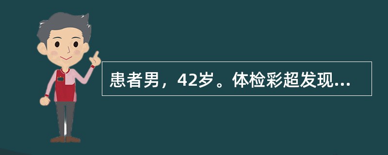 患者男，42岁。体检彩超发现左肝上下径5.7cm，边缘锐利，肝包膜光整,血管纹理清晰，门静脉0cm，腔内未探及明显异常回声；肝内胆管未见扩张，肝实质回声均匀。左右肝可探及多个中等回声，左肝最大0cm×