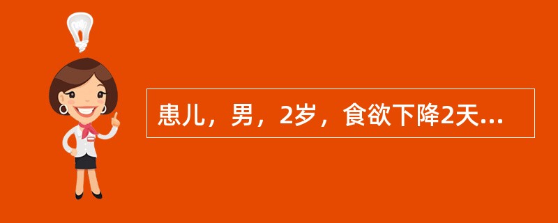 患儿，男，2岁，食欲下降2天，发热伴手足皮疹1天，体温最高达40℃，无吐泻，无惊抖。查体：T39.6℃，P150次/分，R24次/分，BP100/70mmHg。精神萎靡，双手心、足心、臀部散在红色小丘