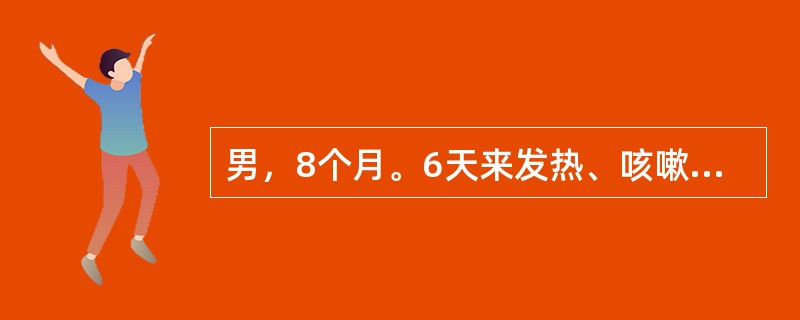 男，8个月。6天来发热、咳嗽，近2天来喘憋加重，1天来嗜睡，抽搐2次急诊。查体：体温38.5℃，呼吸56次/分，心率160次/分，惊厥状态中，前囟膨隆，双肺有密集细湿啰音，肝肋下5cm。末梢血：白细胞