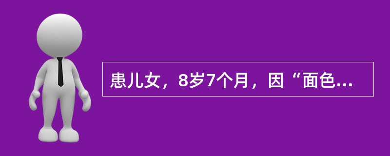 患儿女，8岁7个月，因“面色苍白、咳嗽4年，加重伴血尿6个月”来诊。病程中反复咳嗽，偶有痰中带血，1周前出现肉眼血尿，眼睑水肿，进行性少尿。查体：BP90/65mmHg；贫血貌，眼睑水肿，无皮疹，无淋