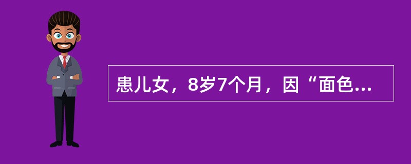 患儿女，8岁7个月，因“面色苍白、咳嗽4年，加重伴血尿6个月”来诊。病程中反复咳嗽，偶有痰中带血，1周前出现肉眼血尿，眼睑水肿，进行性少尿。查体：BP90/65mmHg；贫血貌，眼睑水肿，无皮疹，无淋