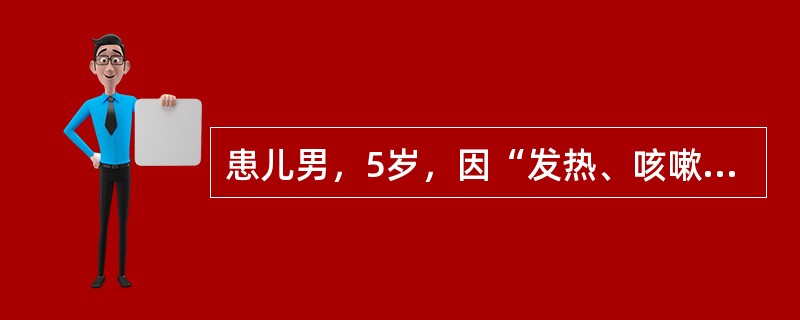 患儿男，5岁，因“发热、咳嗽2周”来诊。体温38～39℃，咳嗽、咳黄痰，痰中带血丝，予头孢他定治疗，未见明显好转。既往分别于3岁和4岁患右下肺炎1次。查体：T38.5℃，P110次/min，R30次/