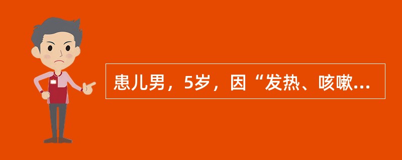 患儿男，5岁，因“发热、咳嗽2周”来诊。体温38～39℃，咳嗽、咳黄痰，痰中带血丝，予头孢他定治疗，未见明显好转。既往分别于3岁和4岁患右下肺炎1次。查体：T38.5℃，P110次/min，R30次/