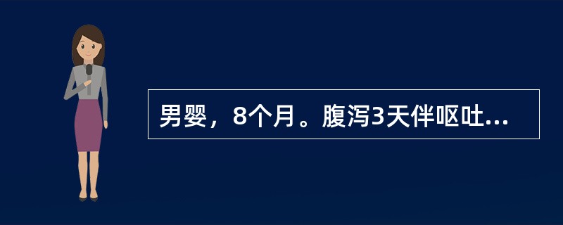 男婴，8个月。腹泻3天伴呕吐于6月20日入院。大便稀薄，每天10余次，昨起口干，尿少，发热38.3℃。体检：神萎，哭泪少，前囟、眼窝凹陷，唇干、皮肤弹性较差，心肺（﹣），腹软。大便常规：色黄，少量黏液