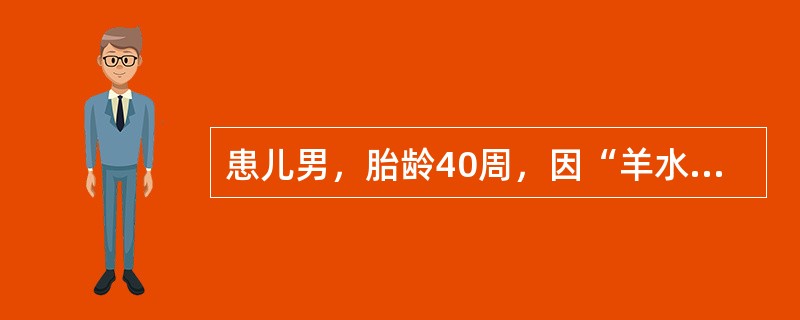 患儿男，胎龄40周，因“羊水胎粪污染，胎心减慢”行剖宫产。Apgar评分：生后1min2分；经清理呼吸道，面罩皮囊加压给氧后5min8分。复苏后转入NICU病区。查体：T36.5℃，P156次/min