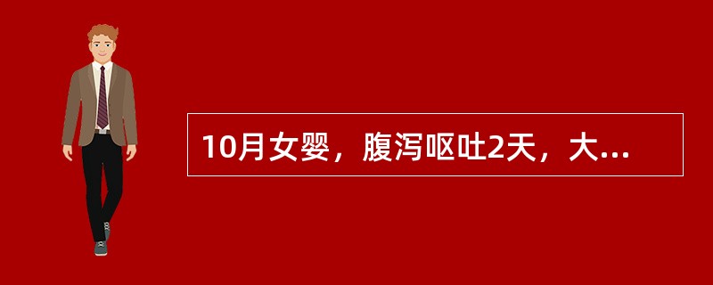 10月女婴，腹泻呕吐2天，大便每日10余次，稀水样便，呕吐每日6、7次，10小时无尿，来院急诊。查体：精神萎糜，呼吸较深长，皮肤弹性极差，四肢凉，皮肤有花纹，脉略细速，测血钠125mmol／L(125